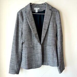H&M long plaid one button schoolboy blazer women’s size 6 grey neutral office